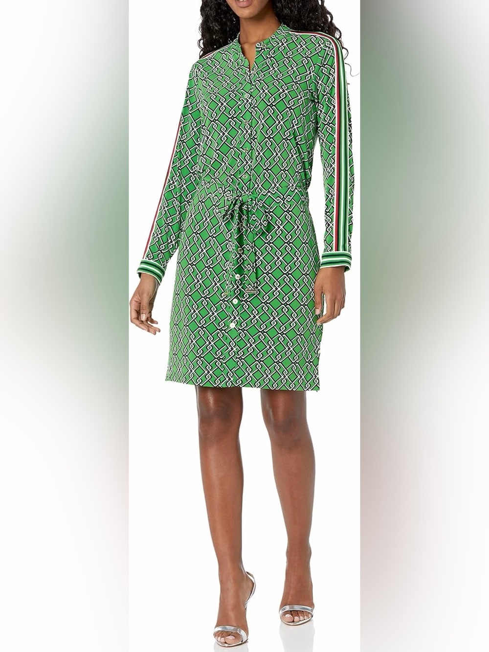 NWT Tommy Hilfiger Green Chain Link Print Shirt Dress Tie Waist Striped Sleeve 6